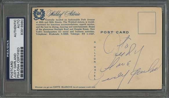 Judy Garland Autographed Waldorf Astoria Postcard (PSA/DNA)